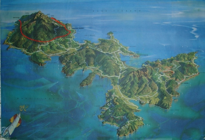 Veduta dell'Isola d'Elba con il tracciato del serbatoio-galleria